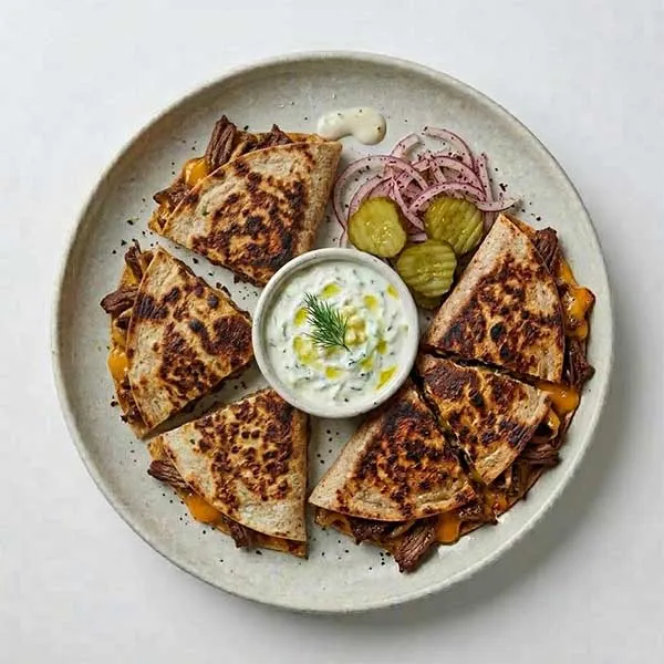Beef shawarma quesadilla with pickles